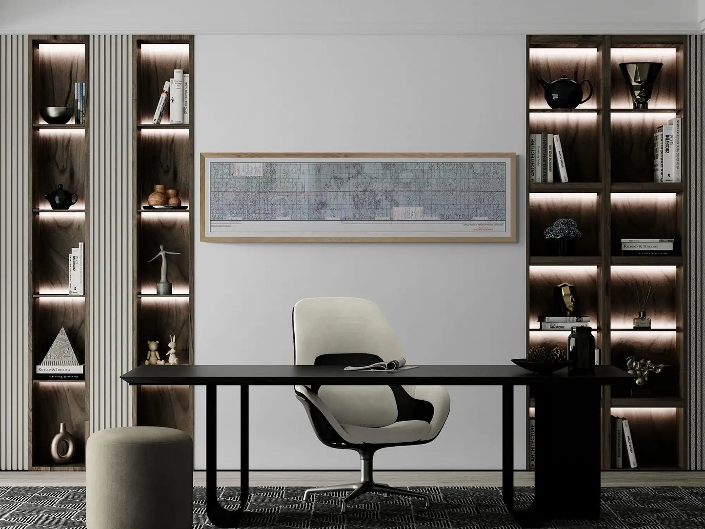 Apollo 10 Lunar Map | Apollo 10 Moon Map | Rocket Blueprint Posters | Office Decor | A contemporary office setup with a black desk, a white and black ergonomic chair, and a beige ottoman. The backdrop includes wooden shelves with ambient lighting, holding various items and books. A gold-framed Apollo target of opportunity flight chart adorns the white wall above the desk.