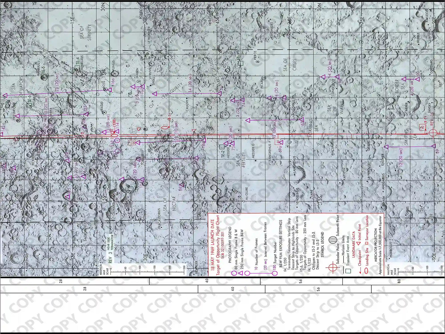 Apollo 10 Lunar Map | Apollo 10 Moon Map | Rocket Blueprint Posters | Apollo 10 Lunar Map | Apollo 10 Moon Map | Rocket Blueprint Posters | A detailed section of the Apollo target of opportunity flight chart, showing the lunar surface with various craters and coordinate grids. The chart includes red and green markings, as well as labels indicating launch date and specific landing sites.
