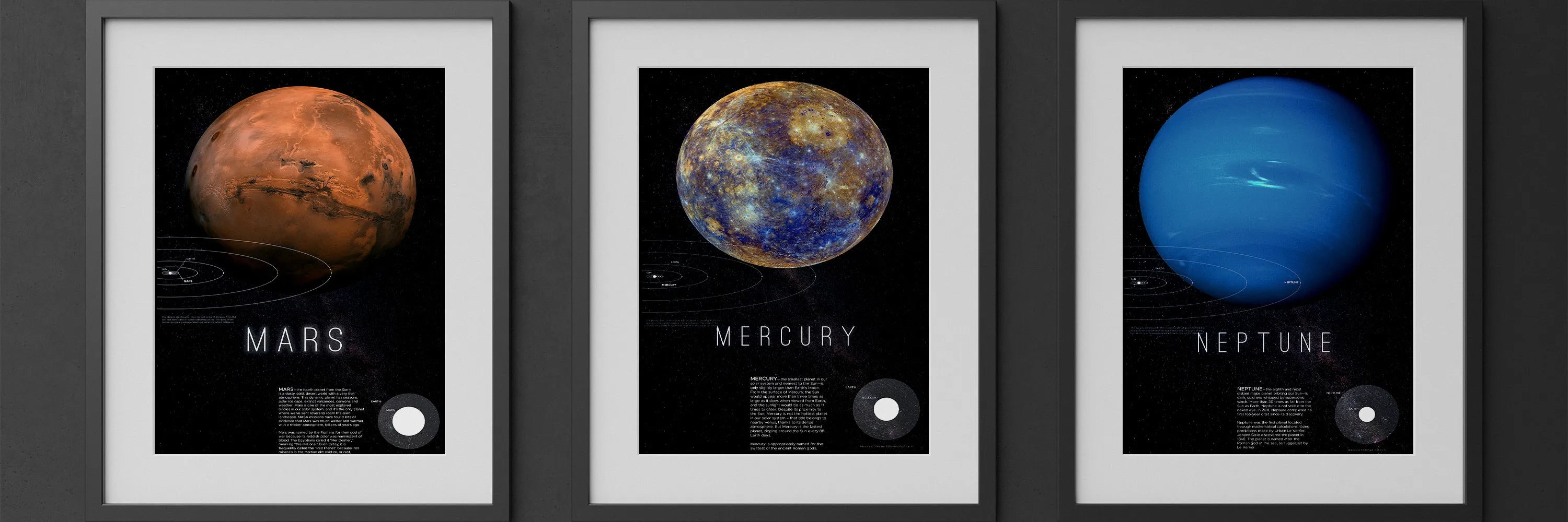 Framed space posters featuring detailed artistic renderings of Mars, Mercury, and Neptune, showcasing planetary details and orbital paths against a starry background.