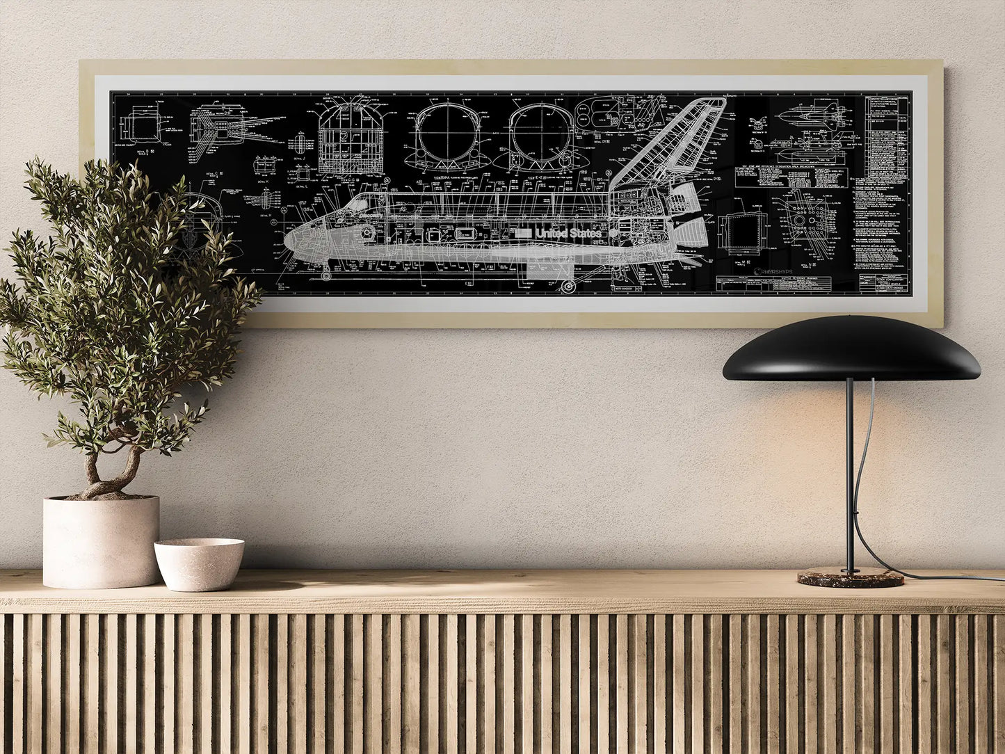 Black White Space Shuttle Technical Diagram over Living Area