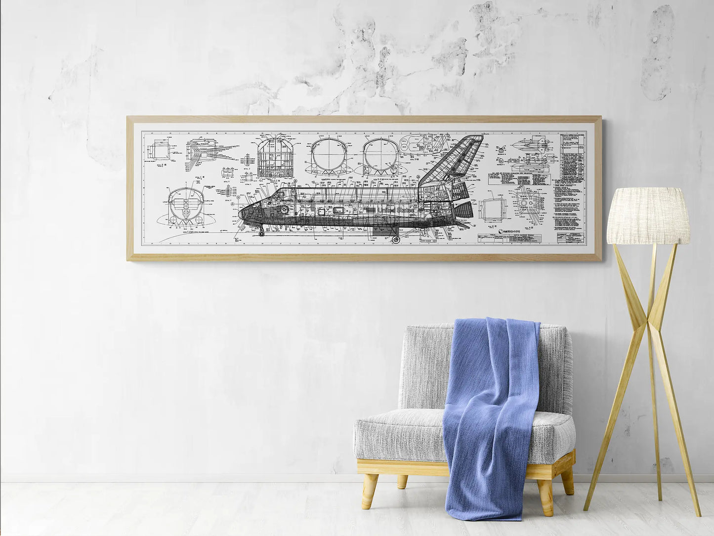 Black White Space Shuttle Technical Diagram over Living Area