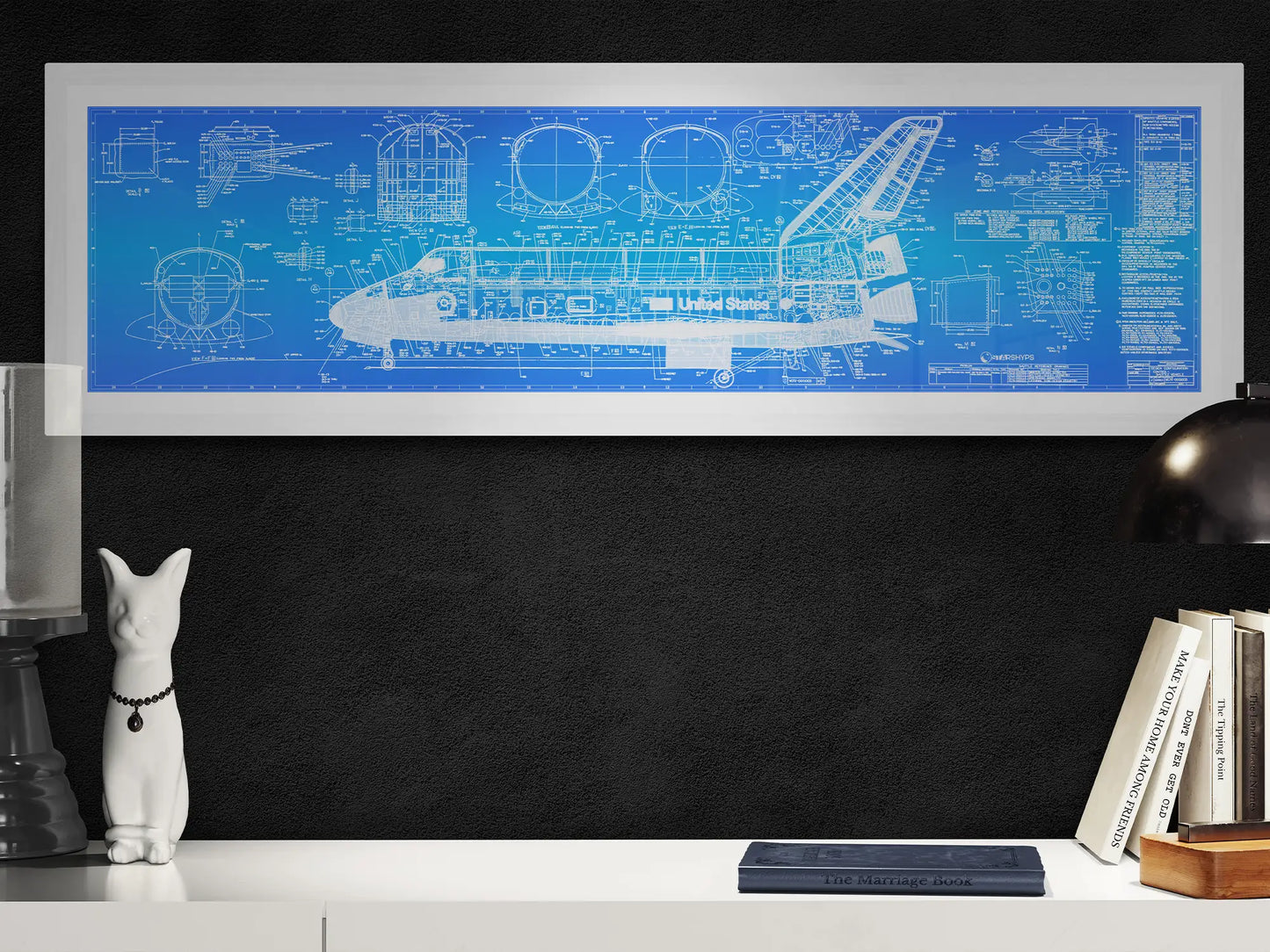 Blue White Space Shuttle Technical Diagram over Office