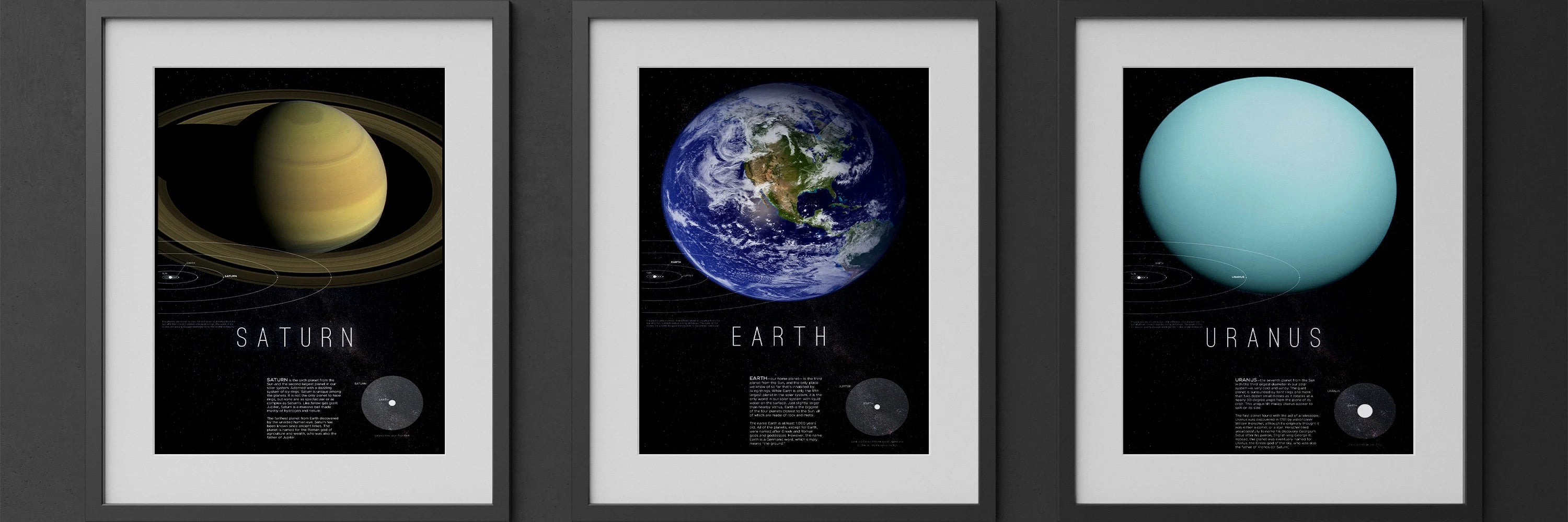 Saturn, Earth, and Uranus poster collection with artistic renderings and planetary details, framed for astronomy enthusiasts and modern decor.