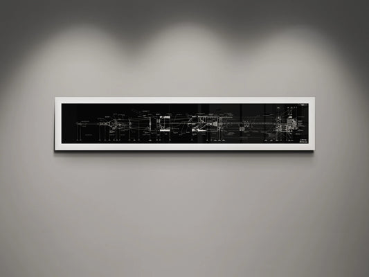 Apollo Saturn 1B Blueprint | NASA posters | Technical blueprint Diagram | A white-framed blueprint of the NASA Saturn IB rocket, featuring detailed engineering schematics in white on a black background. The blueprint is displayed on a gray wall under gentle overhead lighting.