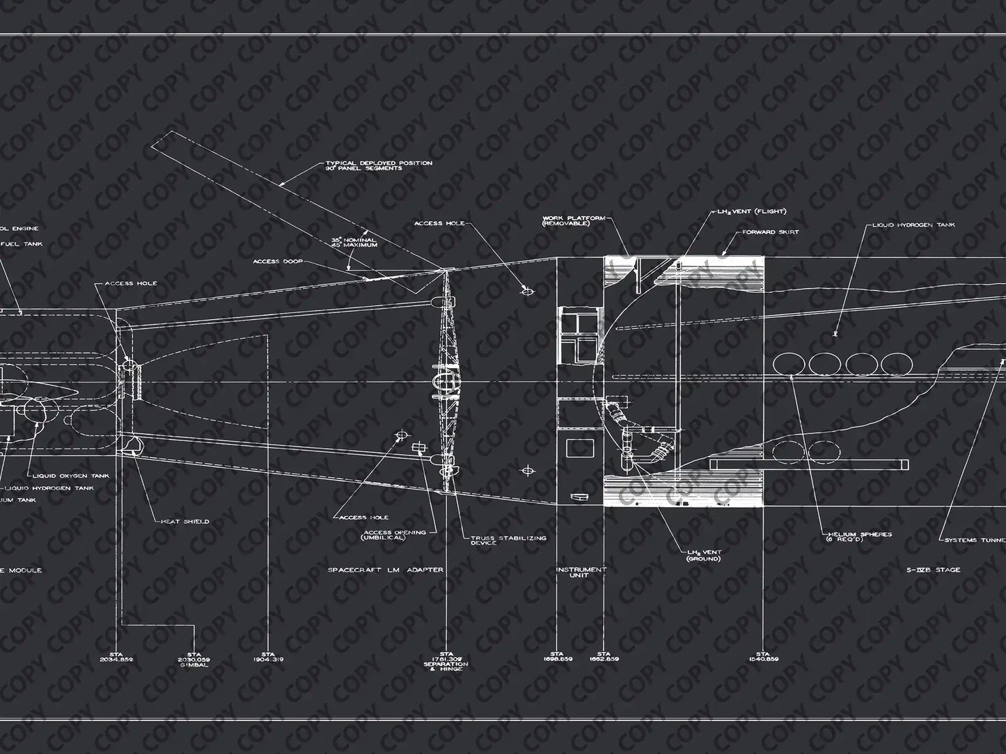 Apollo Saturn Blueprint | NASA posters | Technical blueprint Diagram | A close-up view of the Saturn IB rocket blueprint, highlighting technical diagrams and labels. The section includes components such as the heat shield, LH2 vent, and forward skirt on a dark background.