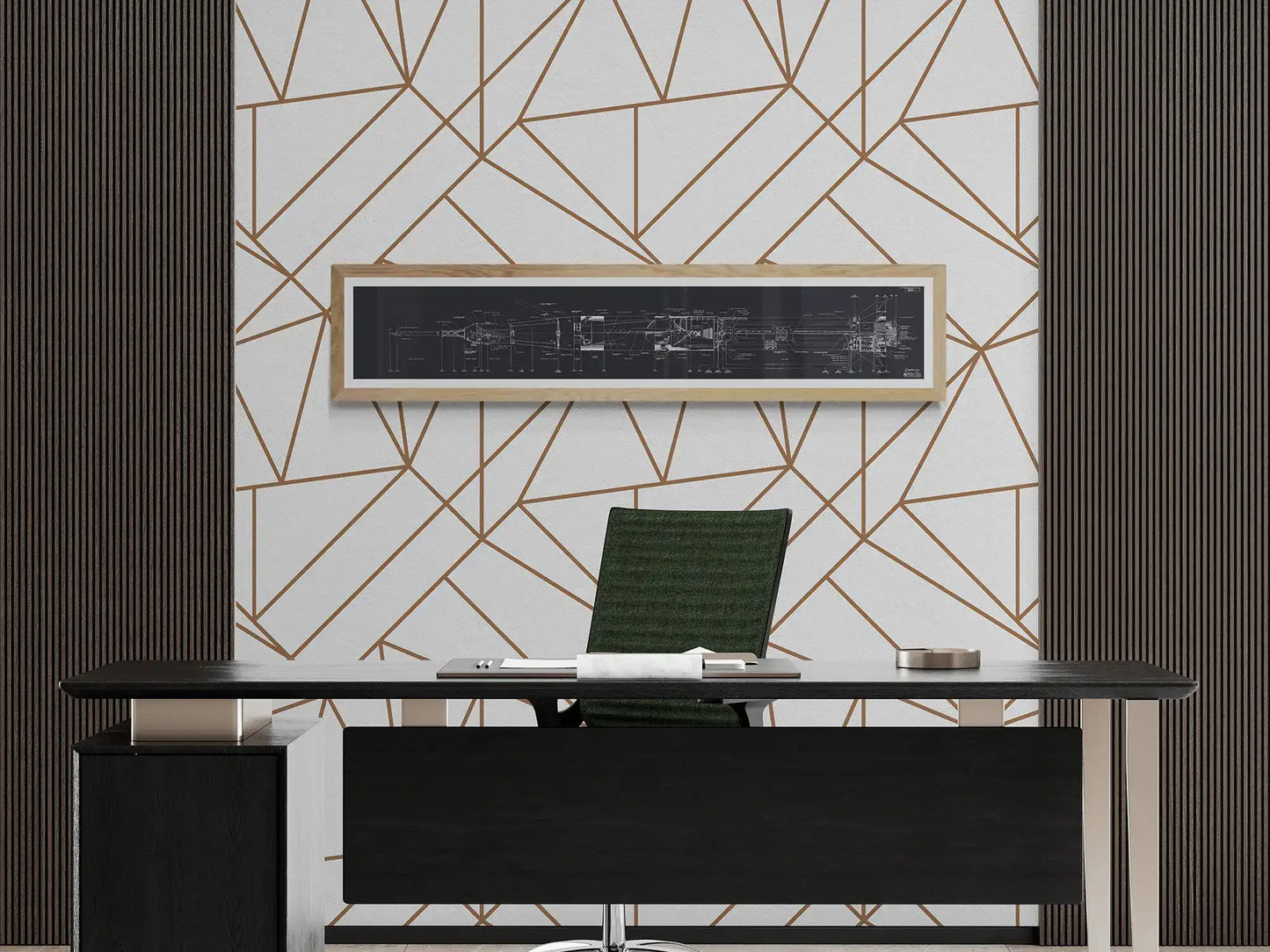 Apollo Saturn Blueprint | NASA posters | Technical blueprint diagram of an spacecraft | The office scene features a black-framed Saturn IB rocket blueprint against a white wall with gold geometric patterns. Below the blueprint is a dark wooden desk, a green chair, and a few office accessories.