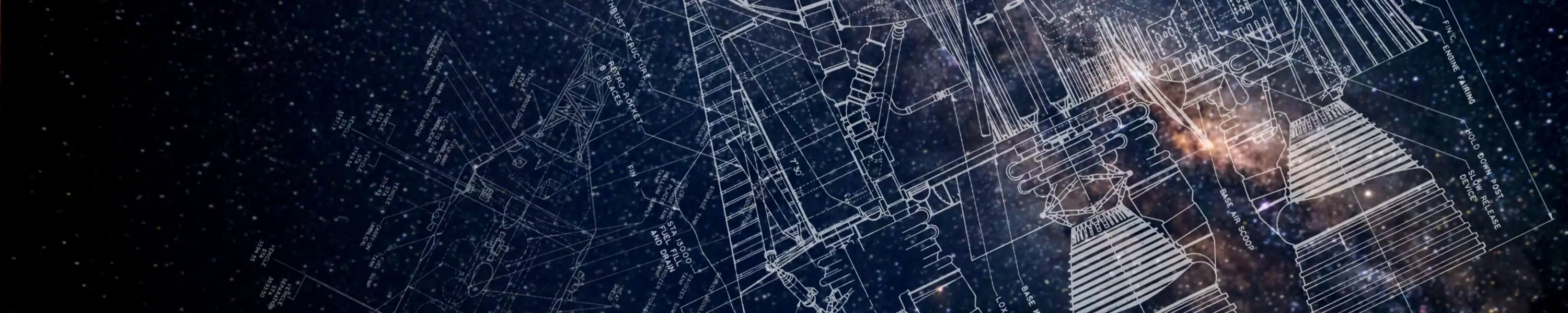 Posters | Rockets | Poster of a detailed rocket blueprint overlaid on a starry night sky background, perfect for space and engineering enthusiasts.