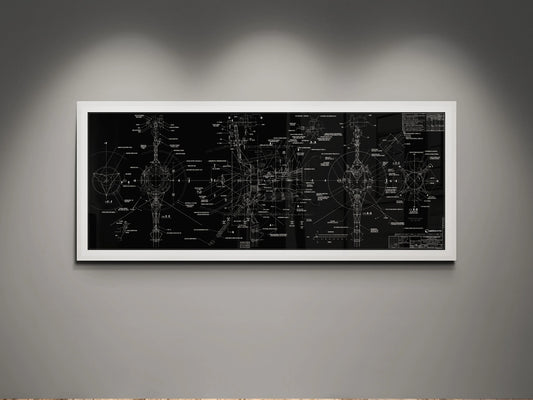 Voyager Space Probes Blueprint | Rocket Blueprint Posters | NASA | JPL | A white-framed blueprint of the NASA Voyager Probes is displayed on a gray wall. The blueprint, featuring a black background, showcases detailed schematics and annotations of the spacecraft. Overhead lighting highlights the intricate design, emphasizing the technical precision of the drawings.