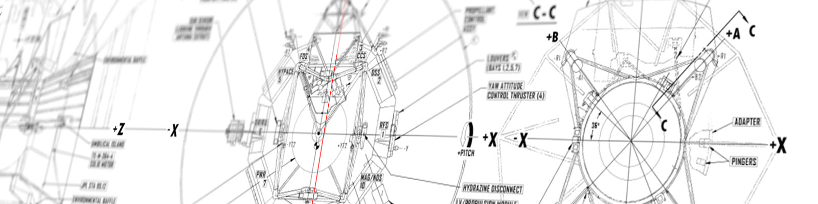 Close-up of a technical blueprint for the Voyager space probes, featuring labeled components and axes. The schematic provides a detailed view of the probes' design and engineering.