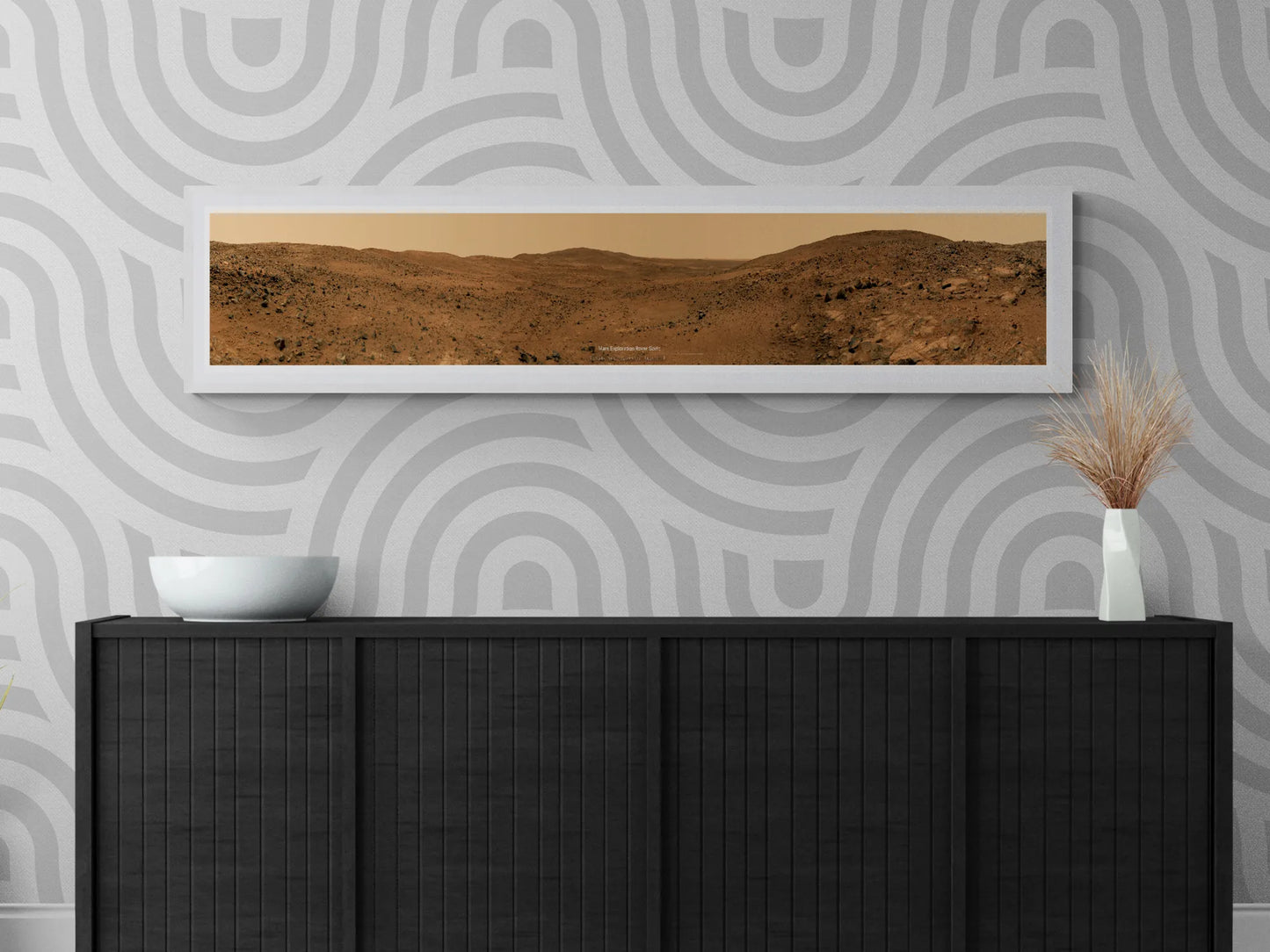 Mars panoramic wall art mockup with the Spirit Rover image, displayed in a stylish home interior setting above a dark cabinet