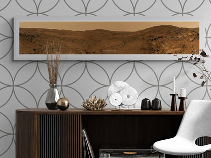 Panoramic Mars wall art from the Spirit Rover, showcased in a contemporary room with a wooden console and geometric wallpaper