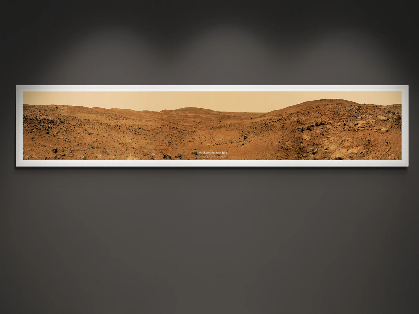 Mars panoramic wall art featuring a stunning high-resolution image of the red planet's surface from the Spirit Rover, perfect for space enthusiasts.