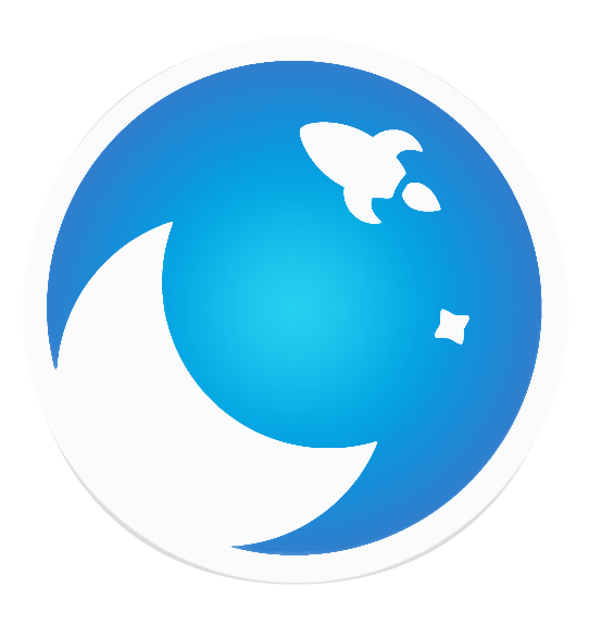 A blue circular logo featuring a white rocket and a small star on a gradient blue background.