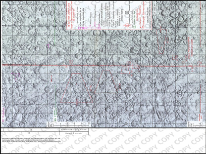 Apollo 10 Lunar Map | Apollo 10 Moon Map | Rocket Blueprint Posters | A detailed section of the Apollo target of opportunity flight chart, showing the lunar surface with various craters and coordinate grids. The chart includes red and green markings, as well as labels indicating launch date and specific landing sites.