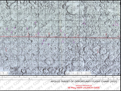 Apollo 10 Lunar Map | Apollo 10 Moon Map | Rocket Blueprint Posters | Apollo 10 Lunar Map | Apollo 10 Moon Map | Rocket Blueprint Posters | A detailed section of the Apollo target of opportunity flight chart, showing the lunar surface with various craters and coordinate grids. The chart includes red and green markings, as well as labels indicating launch date and specific landing sites.