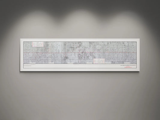 Apollo 10 Lunar Map | Apollo 10 Moon Map | Rocket Blueprint Posters | A detailed Apollo target of opportunity flight chart displayed in a white frame against a gray wall. The chart is filled with lunar surface details and coordinates, illuminated by subtle overhead lighting.