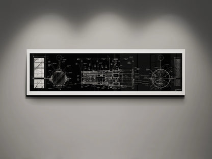Hubble Space Telescope Blueprint | Rocket Blueprint Posters | A framed blueprint of the NASA Hubble Space Telescope, showcasing intricate technical drawings in white on a black background. The blueprint is mounted on a gray wall and highlighted by soft overhead lights.