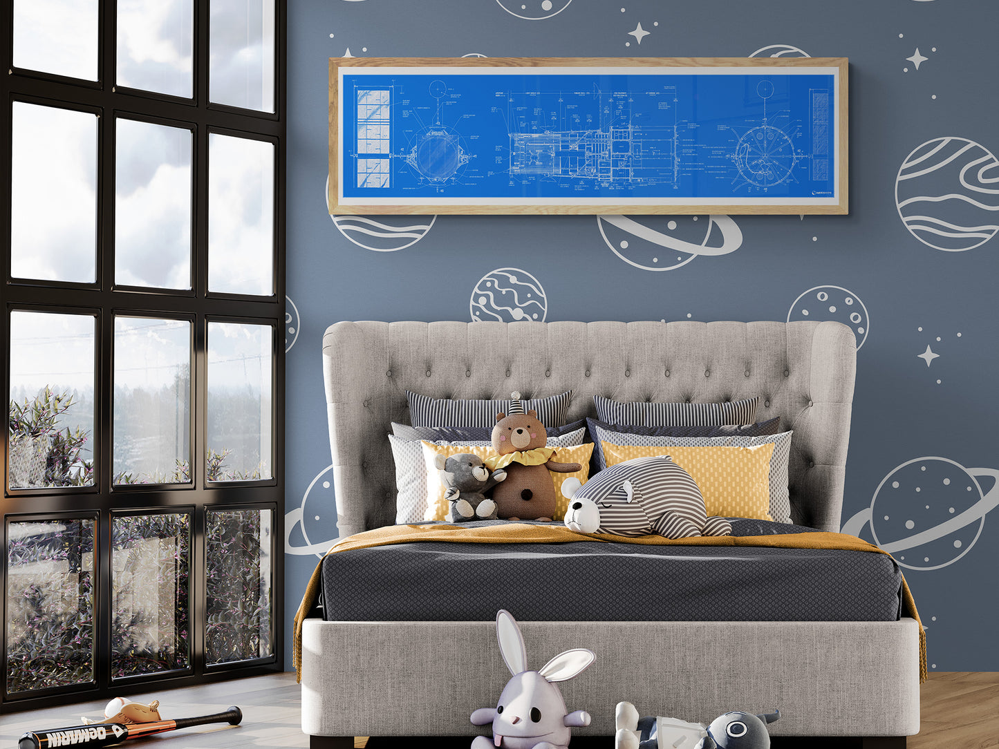 Hubble Space Telescope Blueprint | Rocket Blueprint Posters | A detailed blueprint of the Hubble Space Telescope in a blue frame is displayed on a space-themed wall in a child's bedroom. The room includes a gray bed with yellow accents, stuffed animals, and a large window showing an outdoor view.