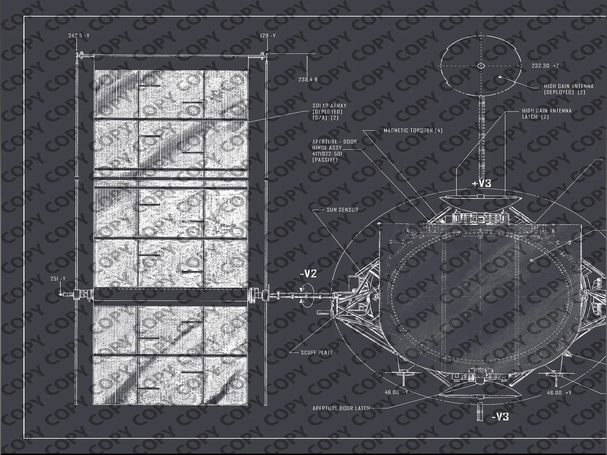 Hubble Space Telescope Blueprint | Rocket Blueprint Posters | A close-up view of the Hubble Space Telescope blueprint, highlighting technical diagrams and labels. The section includes components such as the magnetic torquer, sun sensor, and cuff plate on a dark background.
