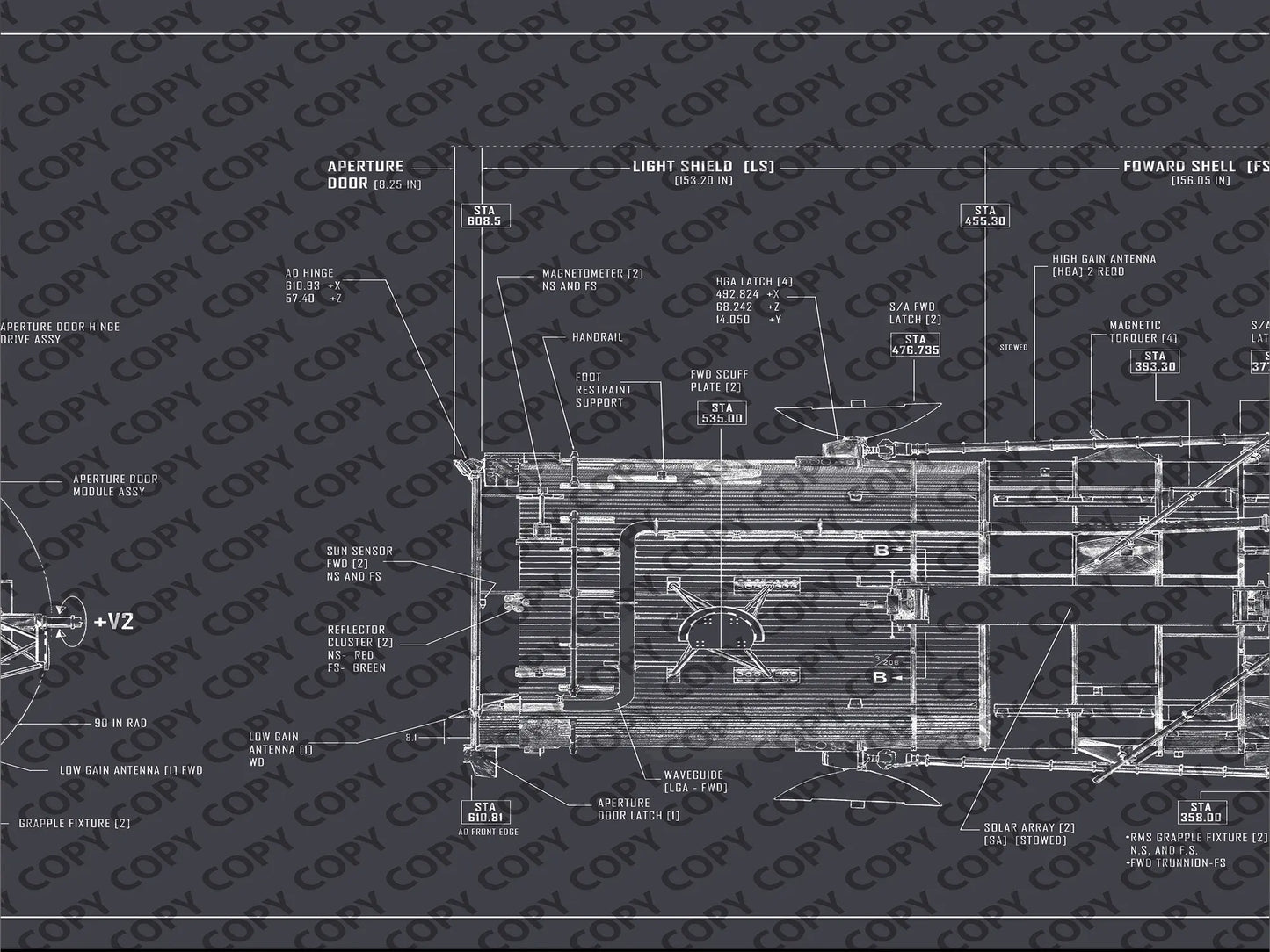 Hubble Space Telescope Blueprint | Rocket Blueprint Posters | A close-up section of the NASA Hubble Space Telescope blueprint, showcasing detailed technical drawings with labels for elements such as the aperture door, reflector cluster, and waveguide against a dark background.