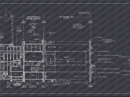 Hubble Space Telescope Blueprint | Rocket Blueprint Posters | A section of the Hubble Space Telescope blueprint, featuring intricate technical drawings and labeled parts like the SSM equipment section, astronaut control panel, and reflector cluster against a dark background.