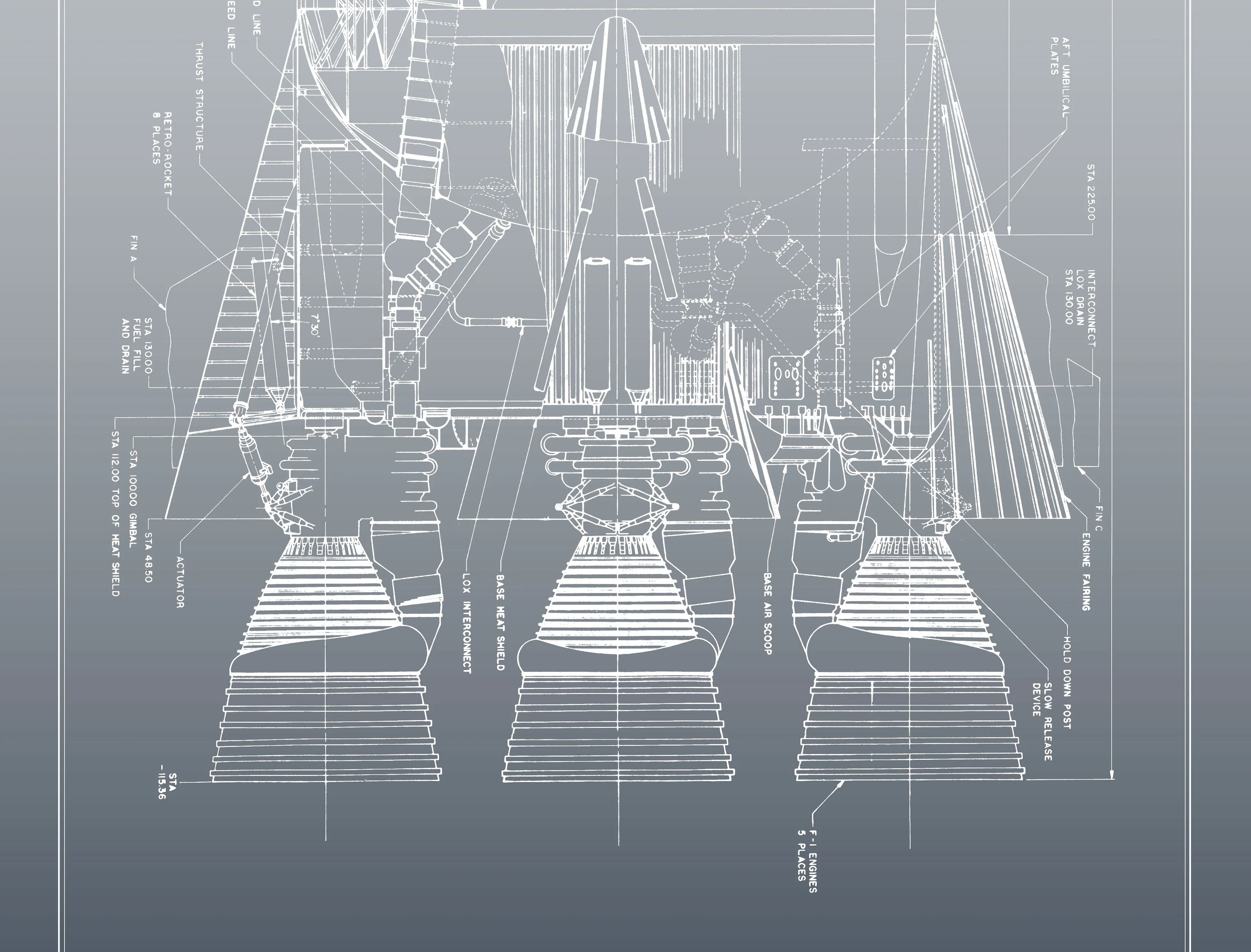 Apollo Saturn V | Rocket Blueprint Posters | NASA | A technical blueprint of the Saturn V rocket is shown against a grey gradient background. The drawing focuses on the lower part of the rocket, depicting the engines and supporting structures with detailed annotations.
