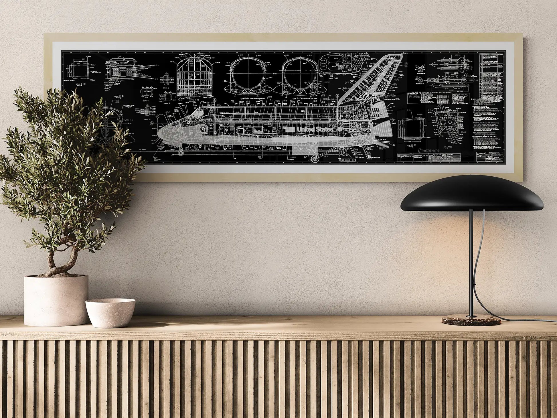 Black White Space Shuttle Technical Diagram over Living Area