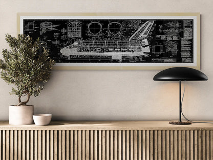 Black White Space Shuttle Technical Diagram over Living Area