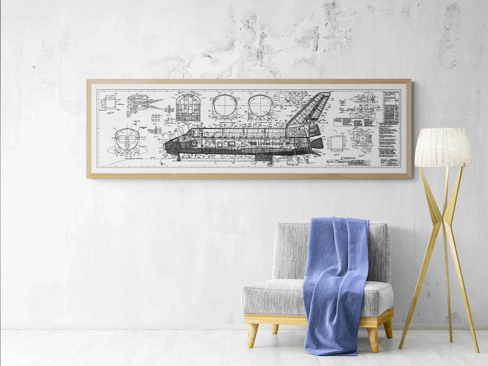 Black White Space Shuttle Technical Diagram over Living Area