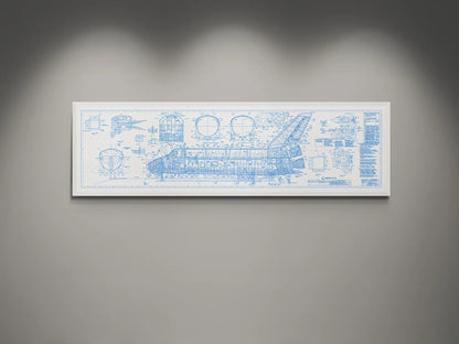 Framed NASA space shuttle blueprint wall art featuring detailed white engineering schematics and technical diagrams on a white background, displayed on a modern gray wall.
