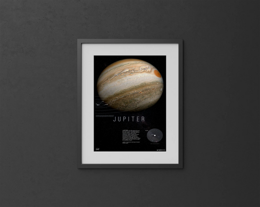 Jupiter Jovian Splendor Print | Jupiter Decor | Rocket Blueprint Posters | A framed poster of Jupiter displayed on a dark gray wall. The poster features a detailed image of Jupiter, the title "JUPITER," descriptive text about the planet, and a size comparison diagram with Earth. The poster includes the Starshyps watermark and is set against a starry background.