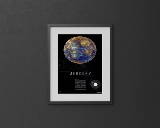 Mercury Mercurial Glow Decor | Mercury Print |Rocket Blueprint Posters | The framed Mercury poster is set against a dark gray wall. It features an image of Mercury, the title "MERCURY," a descriptive paragraph about the planet, and a diagram showing Mercury's size relative to Earth.