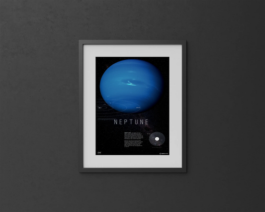 Neptune Neptunian Tranquility Decor | Rocket Blueprint Posters | The Neptune poster is framed and displayed on a dark gray wall. It features an image of Neptune, the title "NEPTUNE," a descriptive paragraph about the planet, and a diagram showing Neptune's size relative to Earth.