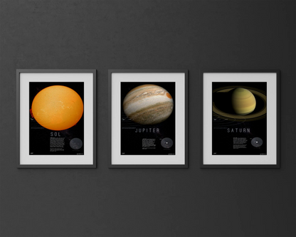 Jupiter Jovian Splendor Print | Jupiter Decor|Rocket Blueprint Posters | The image displays three framed posters on a dark background, each featuring an image and description of the Sun, Jupiter, and Saturn, with their names prominently labeled below the images.