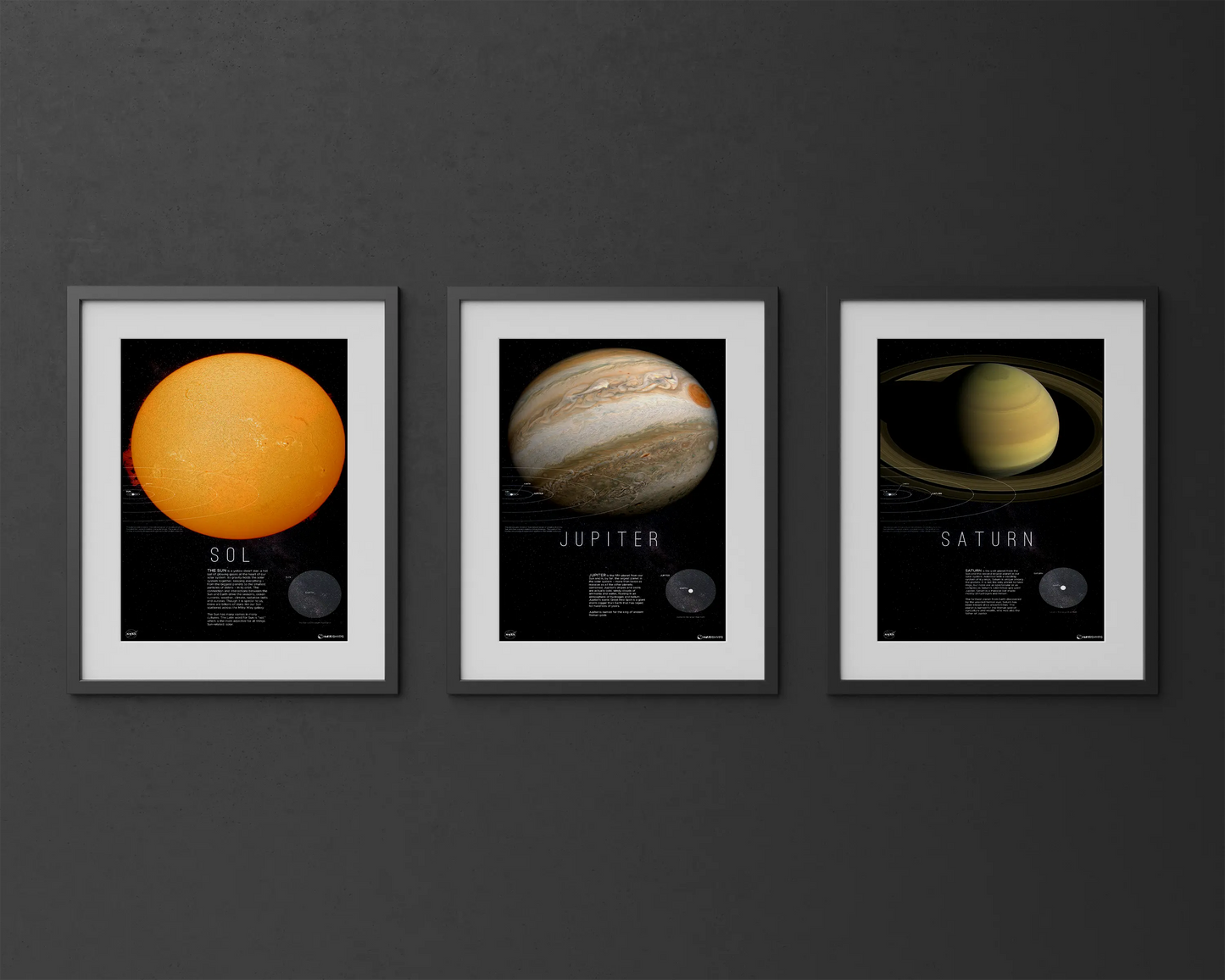 Mars Martian Majesty Print | Mars Print | Rocket Blueprint Posters | The image displays three framed posters on a dark background, each featuring an image and description of the Sun, Jupiter, and Saturn, with their names prominently labeled below the images.