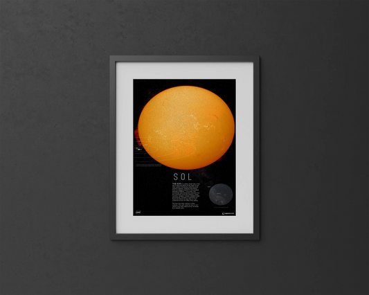 Solar Radiance Decor | Sun Center Print | Rocket Blueprint Posters | This image features a framed poster of the Sun, titled "SOL," set against a dark gray background. The poster includes a detailed yellow-orange Sun, text providing information about the Sun, and a size comparison with Earth at the bottom right.