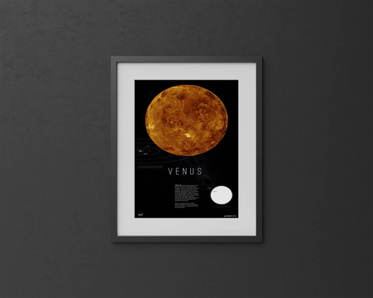 Venus Orbit Print | Venusian Veil Decor | Rocket Blueprint Posters | A framed poster of Venus hangs on a dark grey wall. The poster features the planet Venus in rich brown and orange tones, labeled with "VENUS" and a descriptive paragraph below.