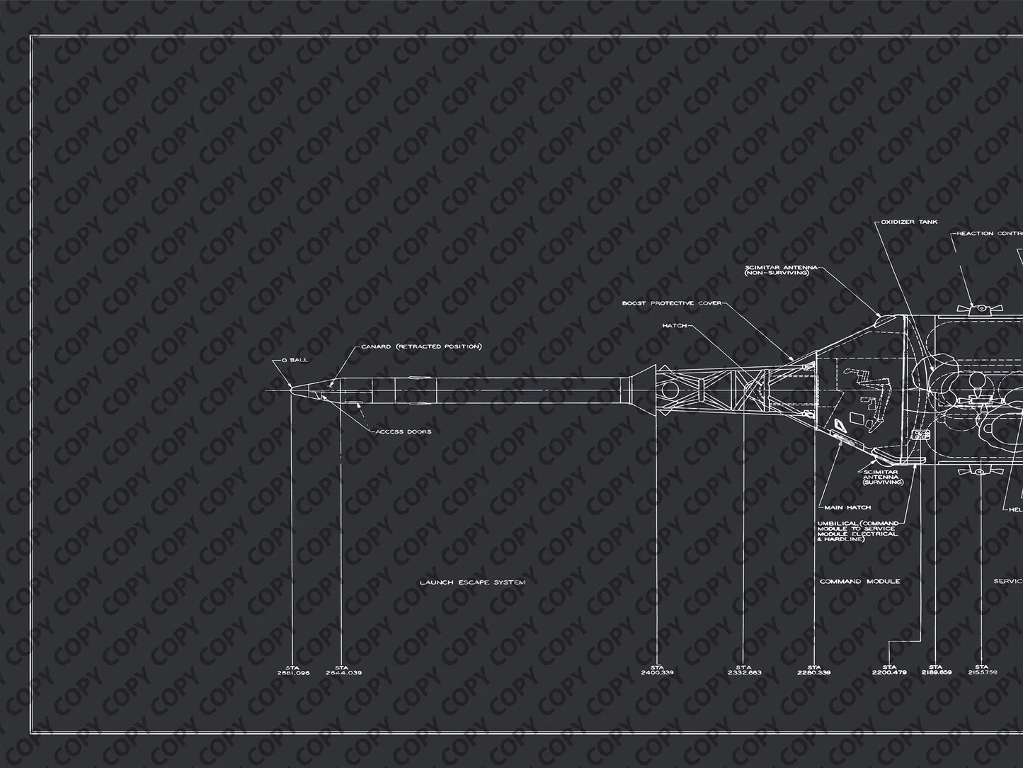 Apollo Saturn Blueprint | NASA posters | Technical blueprint Diagram | A section of the Saturn IB rocket blueprint, featuring intricate technical drawings and labeled parts like the reaction control system, main hatch, and umbilical command module on a dark background.