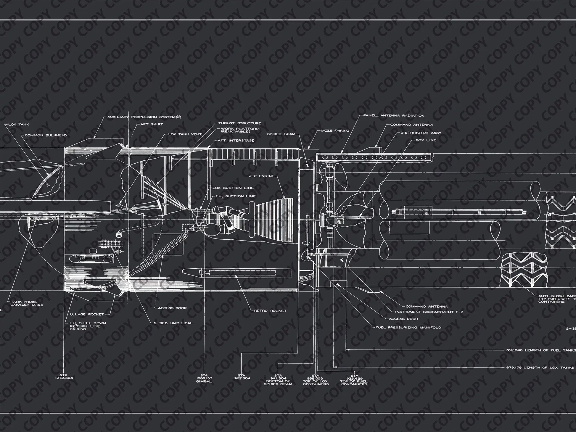 Apollo Saturn Blueprint | NASA posters | Technical blueprint Diagram | A detailed section of the NASA Saturn IB rocket blueprint, showing technical schematics with various labeled components including the auxiliary propulsion systems, J-2 engine, and fuel pressurizing manifold against a dark background.