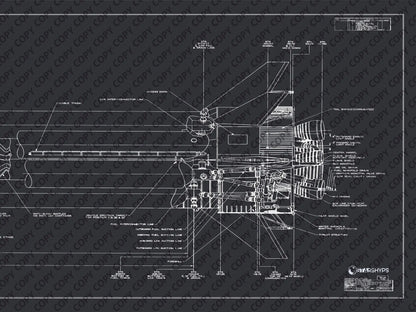 Apollo Saturn Blueprint | NASA posters | Technical blueprint Diagram | A close-up view of the Saturn IB rocket blueprint, highlighting technical diagrams and labels. The section includes components such as the cable trunk, fuel manifold, and thrust structure on a dark background.
