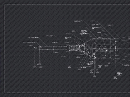Apollo Saturn V | Rocket Blueprint Posters | Technical Diagram | NASA | A close-up section of the NASA Saturn V rocket blueprint, showcasing detailed technical drawings with labels for elements such as the launch escape system, boost cover, and fuel sump tank against a dark background.