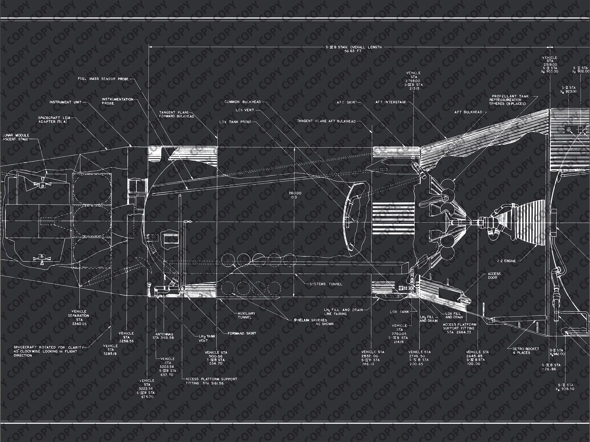 Apollo Saturn V | Rocket Blueprint Posters | Technical Diagram | NASA | A detailed schematic from the Saturn V rocket blueprint, showing various labeled components including the lunar module ascent stage, forward bulkhead, and S-II engine on a dark background.