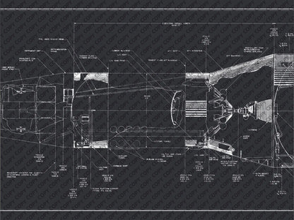 Apollo Saturn V | Rocket Blueprint Posters | Technical Diagram | NASA | A detailed schematic from the Saturn V rocket blueprint, showing various labeled components including the lunar module ascent stage, forward bulkhead, and S-II engine on a dark background.