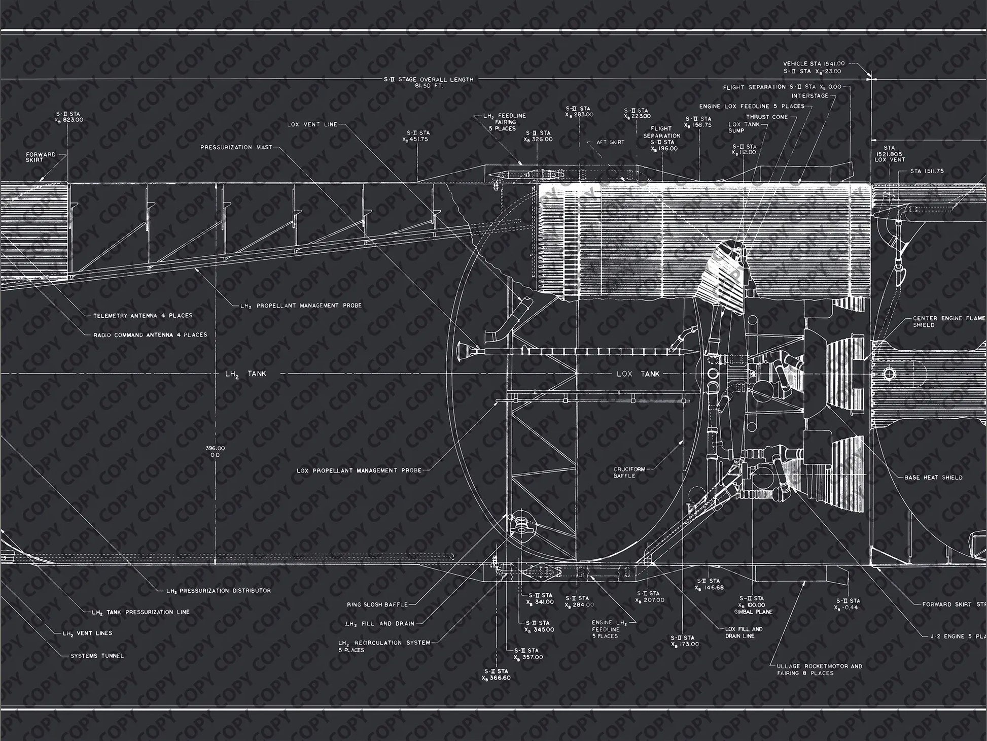 Apollo Saturn V | Rocket Blueprint Posters | Technical Diagram | NASA | A close-up view of a detailed blueprint section of the NASA Saturn V rocket. The schematic features various technical labels and diagrams, showing components like the LOX tank, propellant management probe, and center engine flame shield against a dark background.