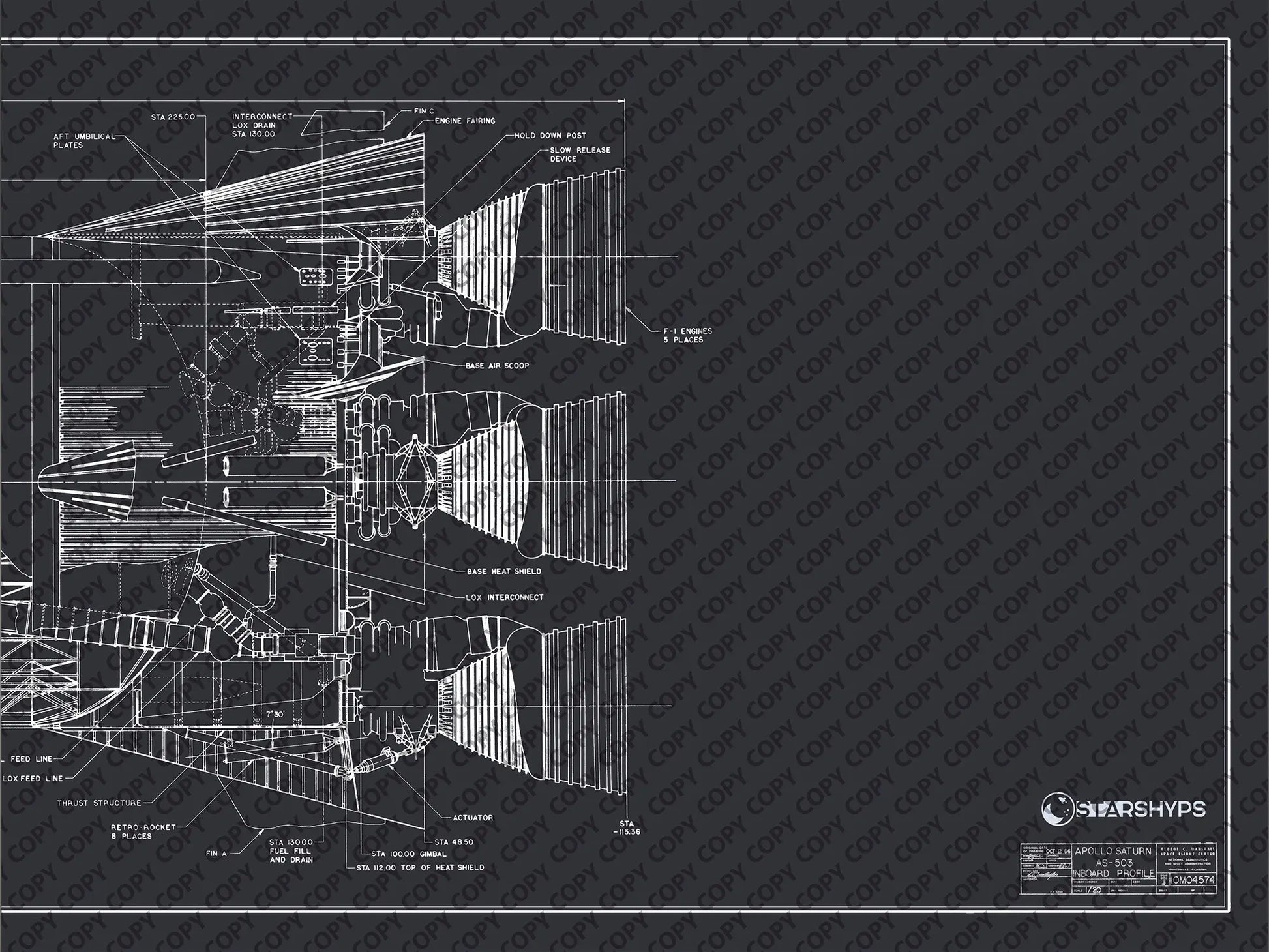 Apollo Saturn V | Rocket Blueprint Posters | Technical Diagram | NASA | A detailed section of the NASA Saturn V rocket blueprint, showing technical schematics with various labeled components including the F-1 engines, engine fairing, and base heat shield against a dark background.