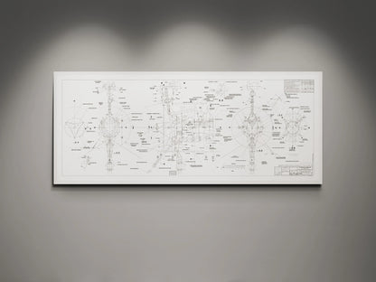 Voyager Space Probes Blueprint | Rocket Blueprint Posters | NASA | JPL | The framed blueprint of the NASA Voyager Probes, set against a gray wall, features a detailed and annotated design on a white background. The white frame complements the technical artwork, while the overhead lighting highlights the precision and complexity of the spacecraft's schematics.