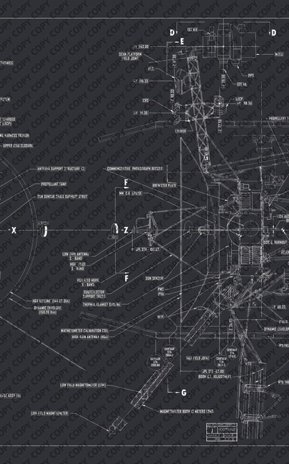 Voyager Space Probes Blueprint | Rocket Blueprint Posters | NASA | JPL | A segment of the Voyager Probes blueprint, featuring detailed white line drawings on a dark background. Components such as the magnetometer boom, high gain antenna, PWS PRA, and scan platform field joint are clearly labeled.