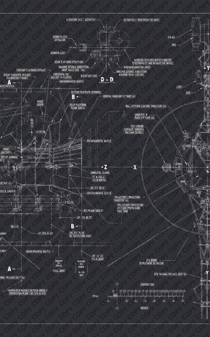 Voyager Space Probes Blueprint | Rocket Blueprint Posters | NASA | JPL | The blueprint section of the Voyager Probes displayed against a dark backdrop with white lines and detailed annotations. Notable parts include the modified infrared interferometer spectrometer, photopolarimeter, RTG plume shield, and science platform.